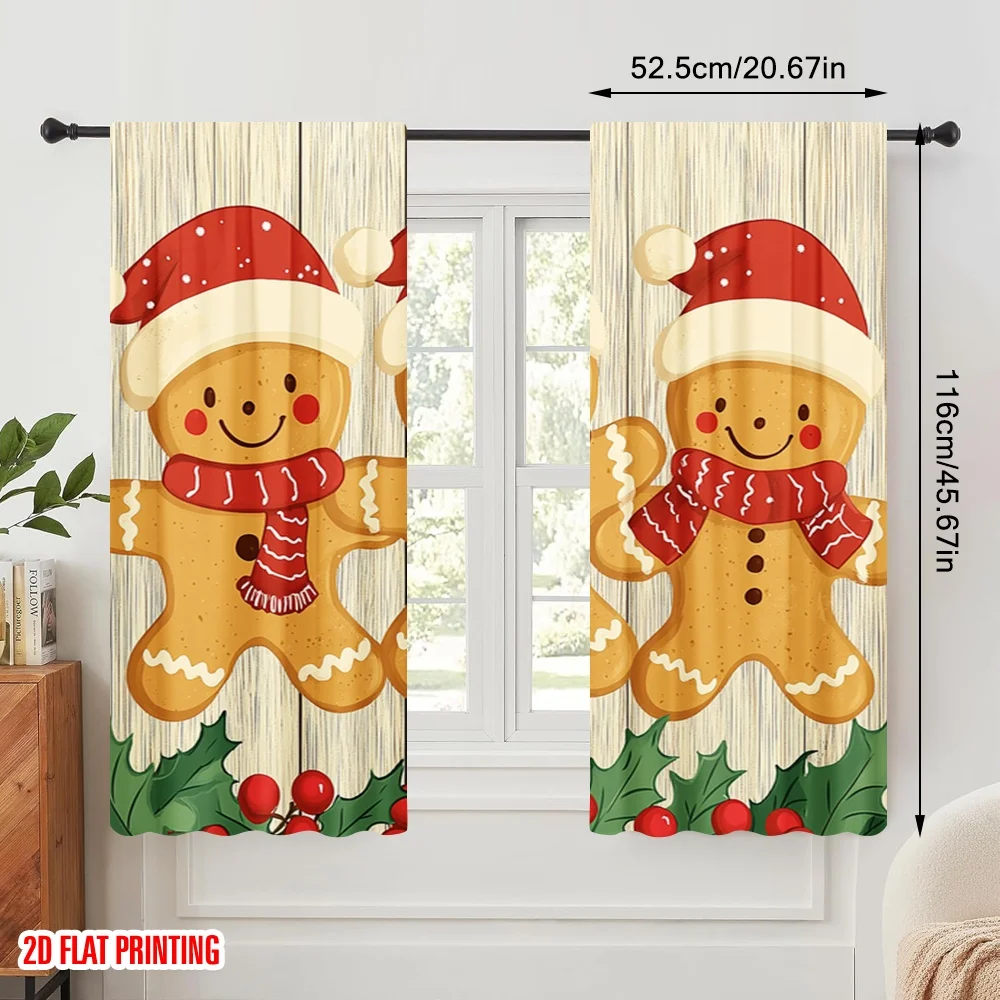 2pcs,2D plane printing Light Filtering Curtains Gingerbread Friends Christmas Holly (2) 100% Polyester (without rod) Festive for