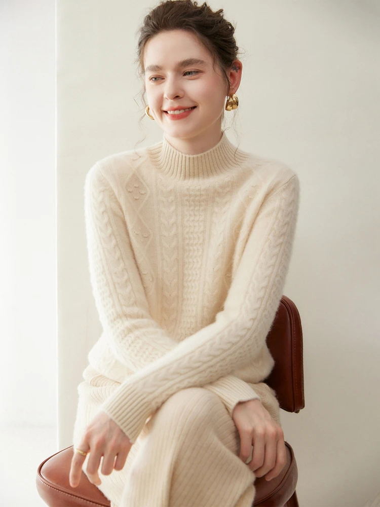 

100% Cashmere Knitted Sweater Chic Grace Women's Autumn Winter Jacquard Mock Neck Pullover Fashion Versatile Soft Thick Warm Top