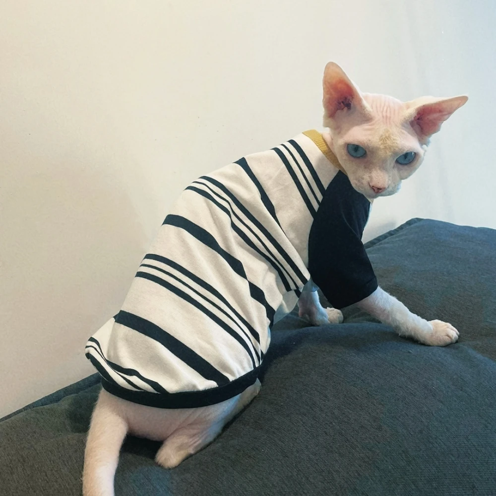 Black Cotton Shirt for Sphiynx Cat Long Sleeves Striped Coat for Kittens Dogs Summer Soft Loungewear for Devon Rex Cat Supplies