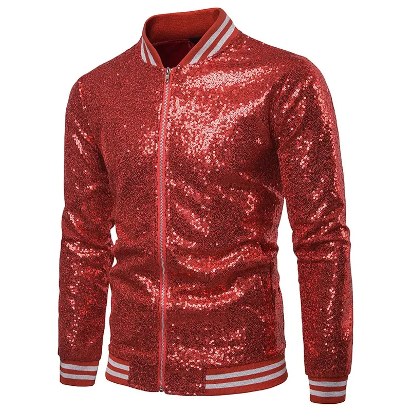 

Mens Red Sequined Stylish Slim Long Sleeve Baseball Jacket Coat Zipper Coat Wedding Party Jacket Tuxedo Suit Coat Night Clubwear