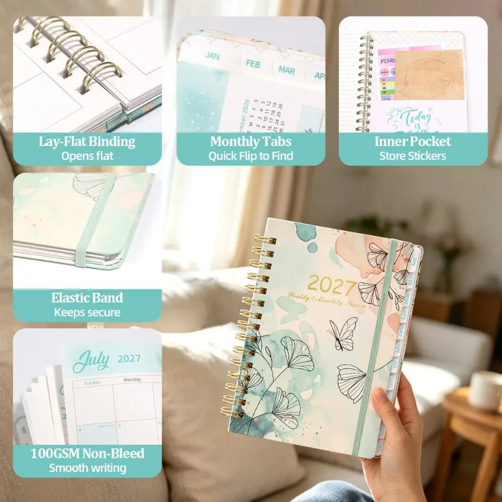 Portable Floral Pattern 2027 Schedule Book A5 Planner Reminder Agenda Book To Do List Textured PU Calendar Book Office Supplies