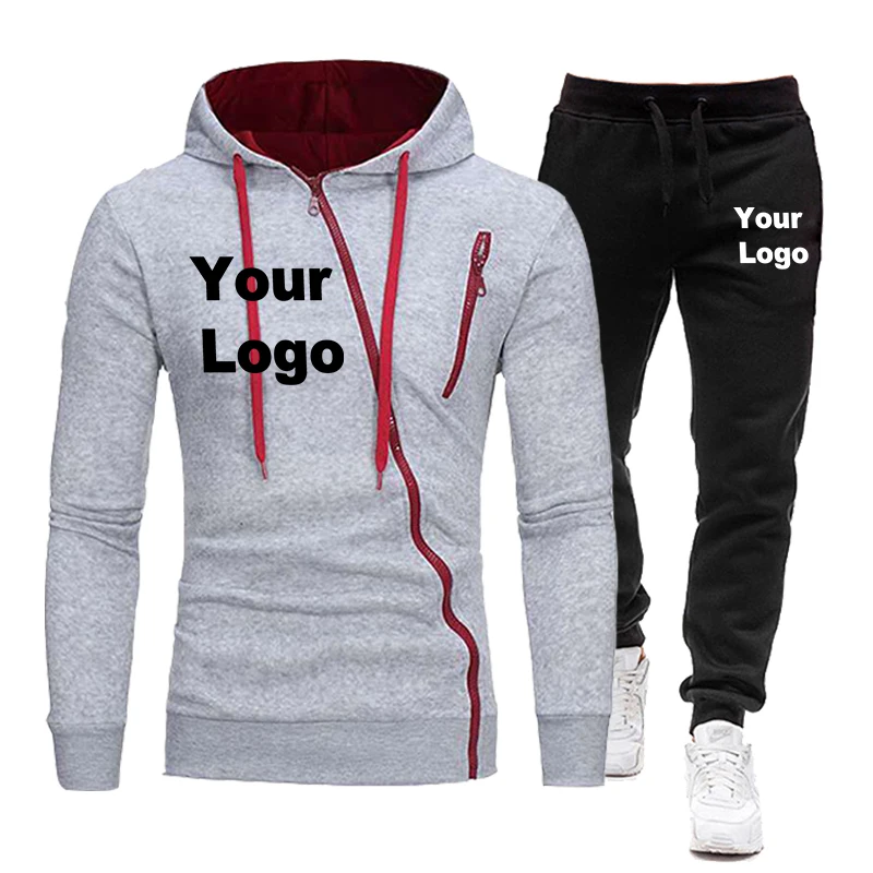 

Custom Logo Spring and Autumn Men's New Fashion Multi-Zipper Hooded Sweater Suit Casual Sports Solid Color Sweater Pants Suit