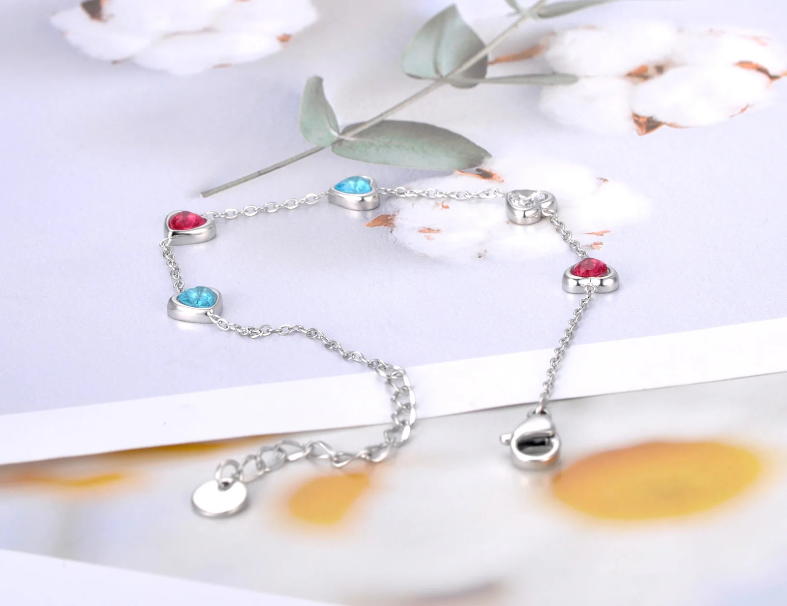 JeeMango Colorful CZ Crystal Heart Charm Bracelets For Women Gold Plated Stainless Steel Bohemia Party Chain Bracelet JB22086