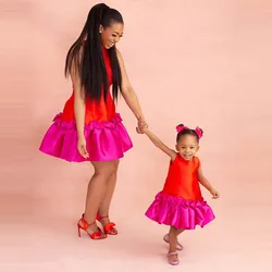 Red &Fuchsia Mother and Daughter Dress  Simple O Neck Family Look  Mixed Color Mommy and Me Birthday  Party  Gowns  For Photos