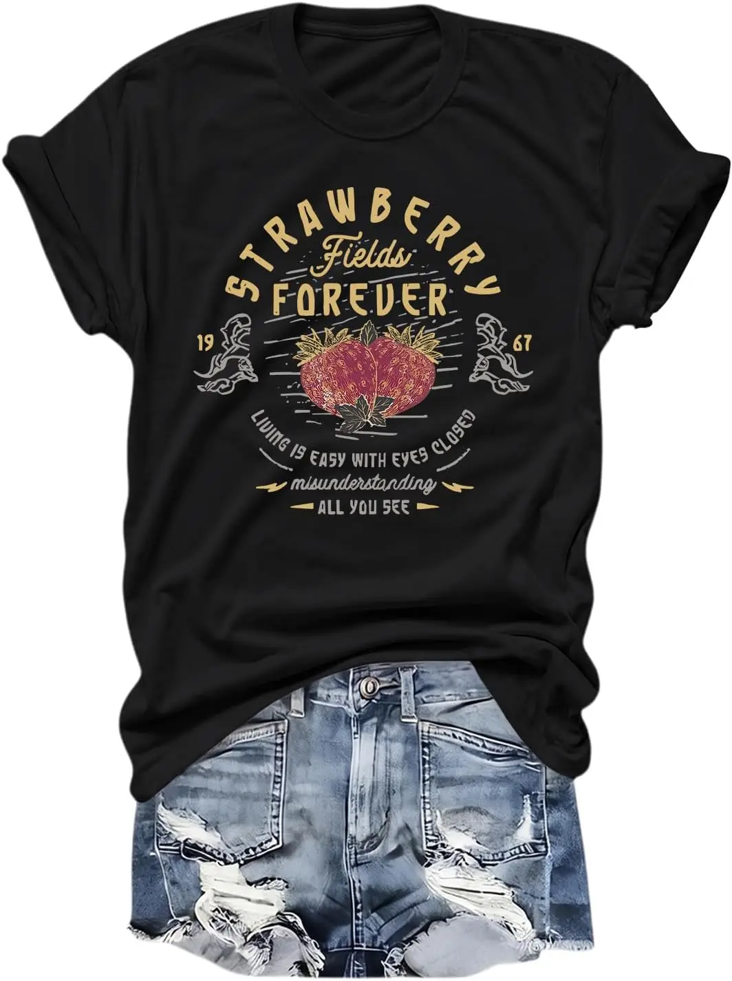 Vintage Strawberry Print Rock Music T-Shirt