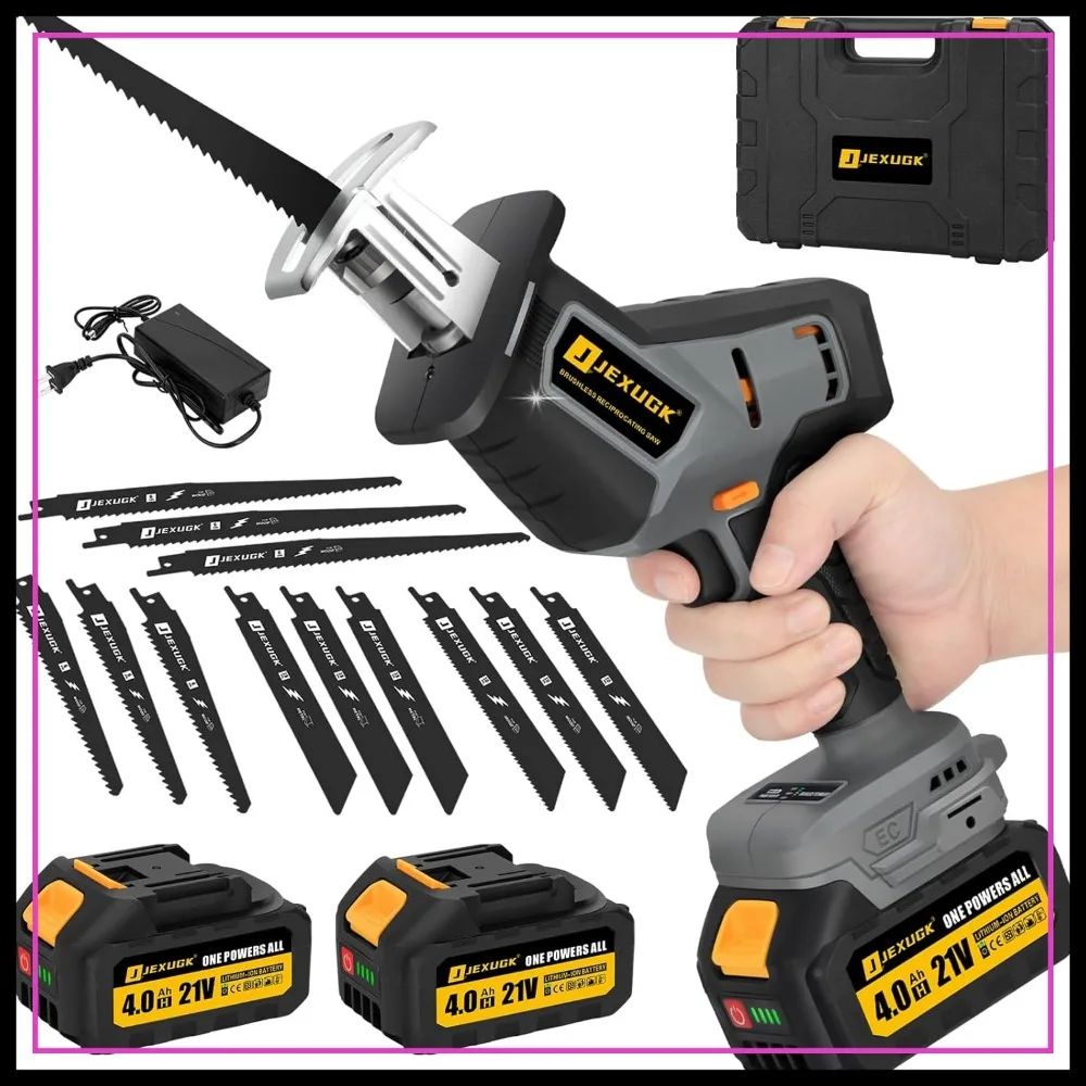 

21V Cordless Reciprocating Saw, 3500 SPM Variable Speed with 2x4.0Ah Batteries, 12 Blades, Tool-Free Change for Wood Metal PVC