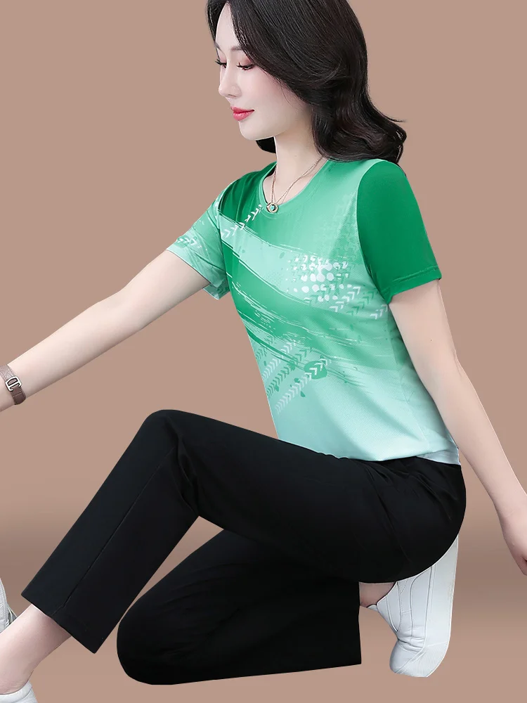 

Комплект спортивной одежды Qui Dry Ice Silk, женская футболка ort Sve, комплект из двух предметов, летнее новое поступление для среднего возраста и ly M...