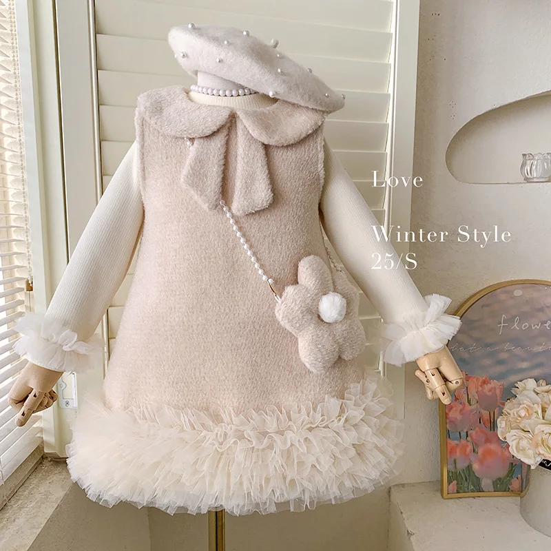 

Girls' dress, autumn new style, stylish base layer, fleece-lined top, sleeveless fleece-lined dress two-piece set