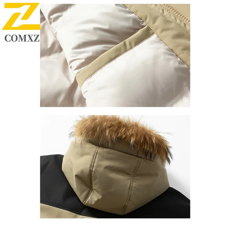 COMXZ Men Long Down Jacket Splicing Hooded Outdoor Adventure Anti-Cold Parka Hiking Travel Lightweight Autumn Winter Trench Coat