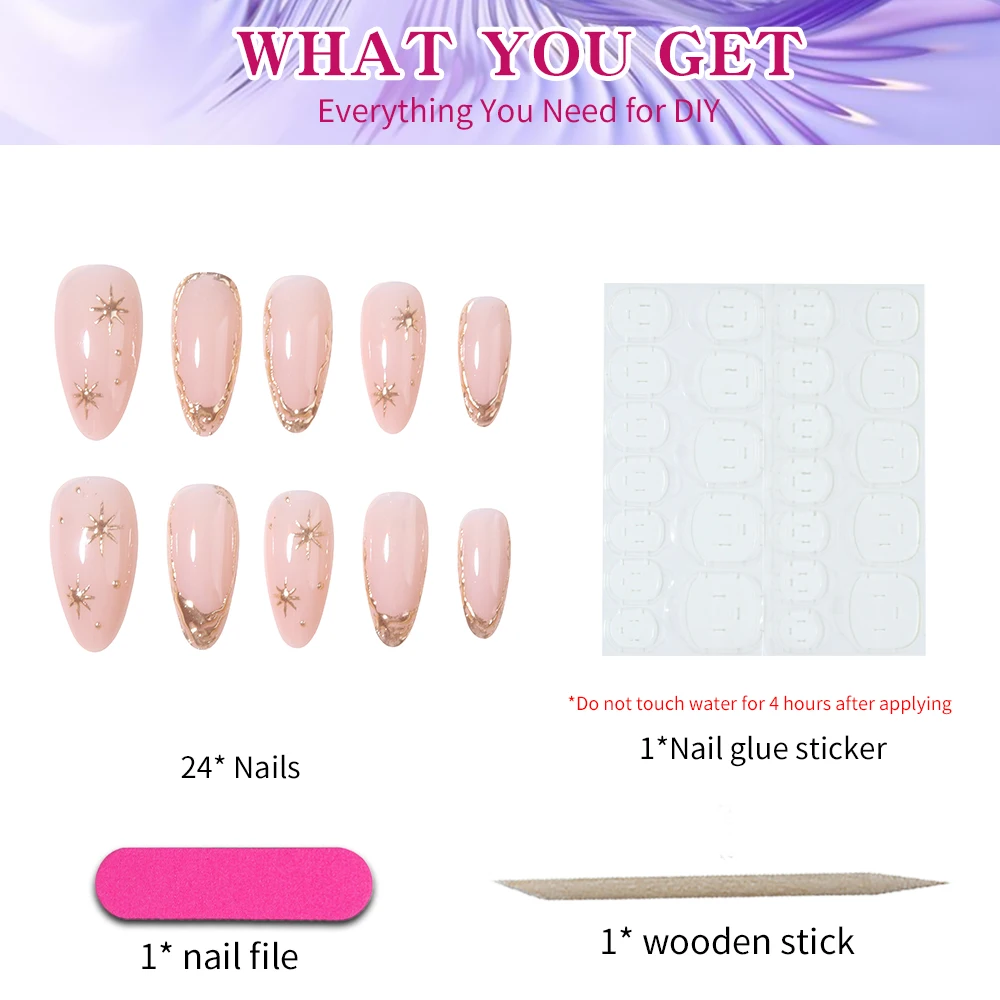 24 strisce per unghie in gel 3D a forma di mandorla per migliorare il senso della tua moda. Design con punta francese, vestibilità media, adesione perfetta. Impostare Inclu