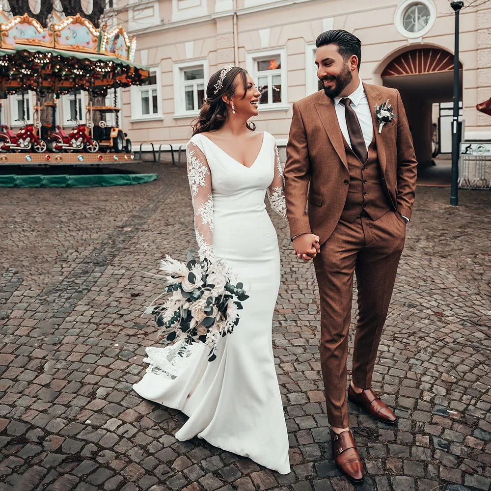 Vestidos De novia modestos árabes De encaje De manga larga vestido De fiesta De boda vestido De novia sirena mujeres personalizar a medidas bata De Marie