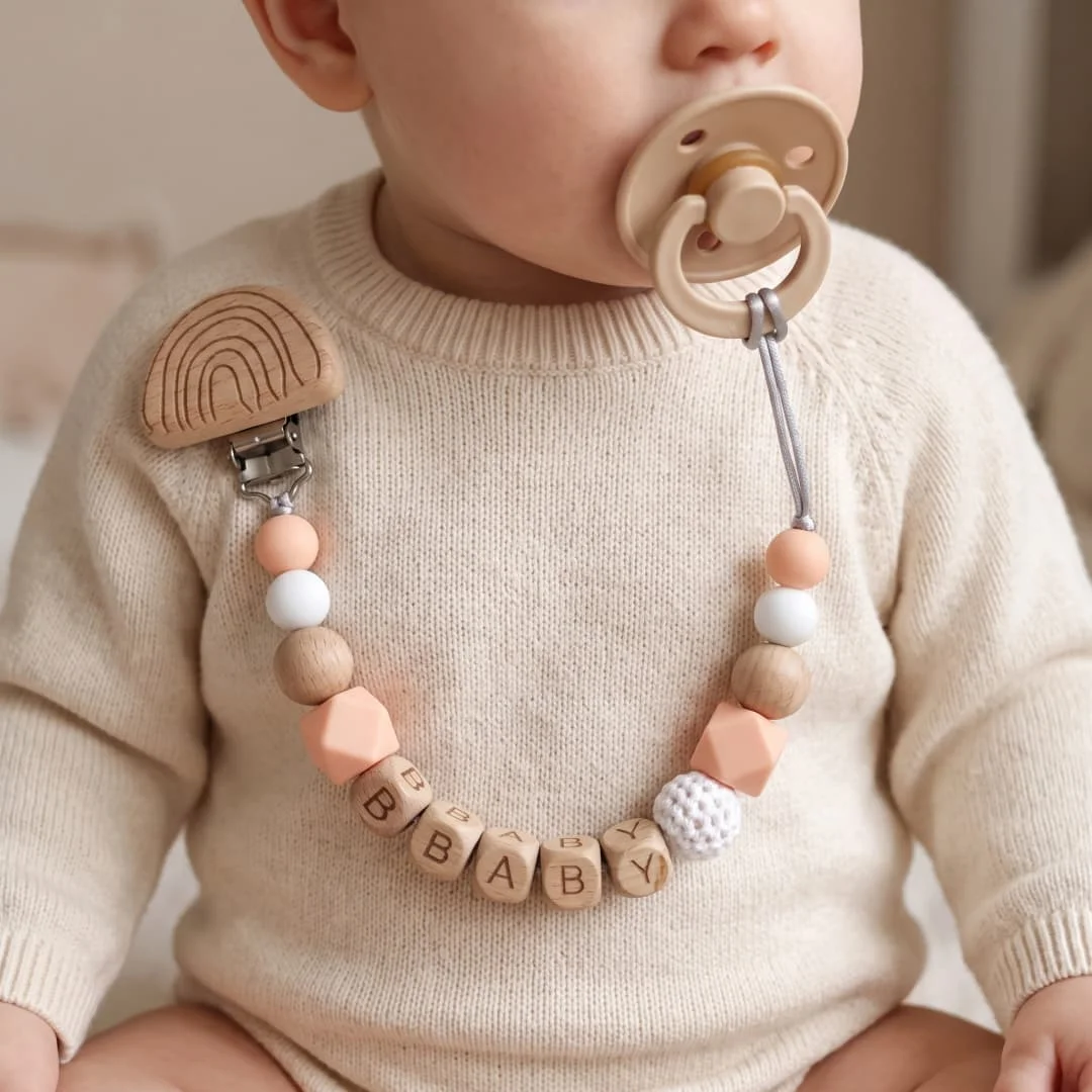 Custom Name Baby Shower Gift Personalized Pacifier Clip Handmade Wood Rainbow Silicone Baby Teether Holder BPA Free