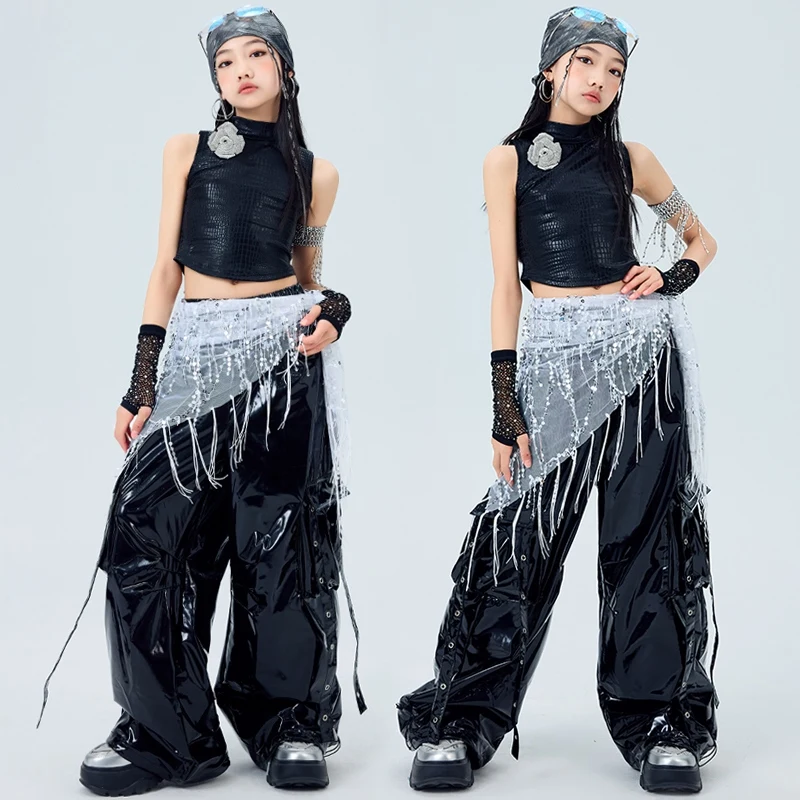 

Black Jazz Dance Outfit Trendy Suit For Girls Kpop Stage Costume Summer Vest Hip Hop Trousers Children Street Dance Clothes 2068