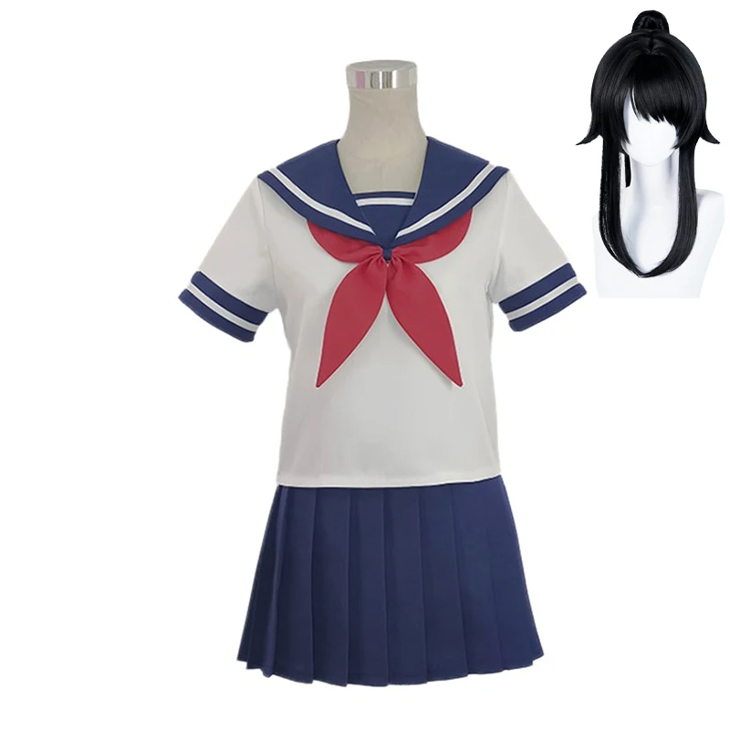 Yandere Ayano Aishi Cosplay Costume Sailor Suits JK School Uniforms Black Ponytail Wigs Halloween Party Role Playing Outfits