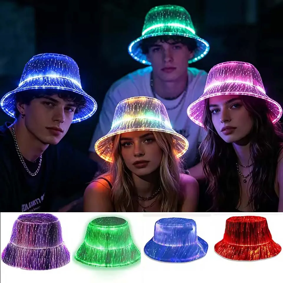 New Arrival Men Women Optical Fiber Fabric Bucket Hat LED Harajuku High Street Colorful LED Intelligent Luminous Night Club Cap