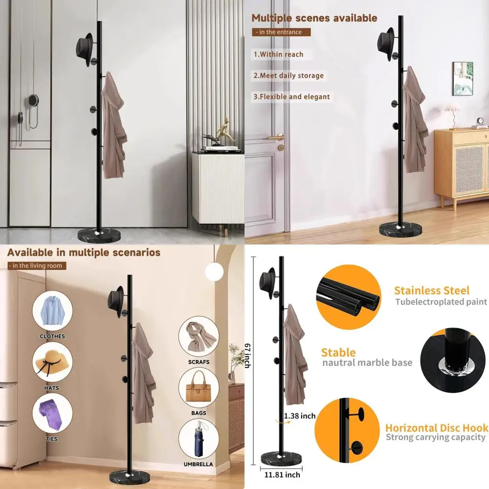 رف معطف معدني قائم بذاته مع قاعدة من الرخام الطبيعي، شماعة قوية على شكل شجرة للقبعات والمعاطف عند المدخل