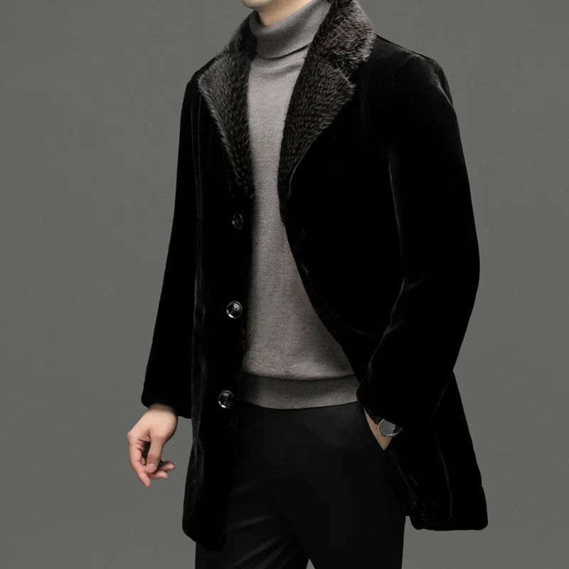 2022 Winter Men's Elegant Long Coat High Quality Imitation Mink Wool Casual Faux Fur Collar Thermal Trendy Jackets Trench