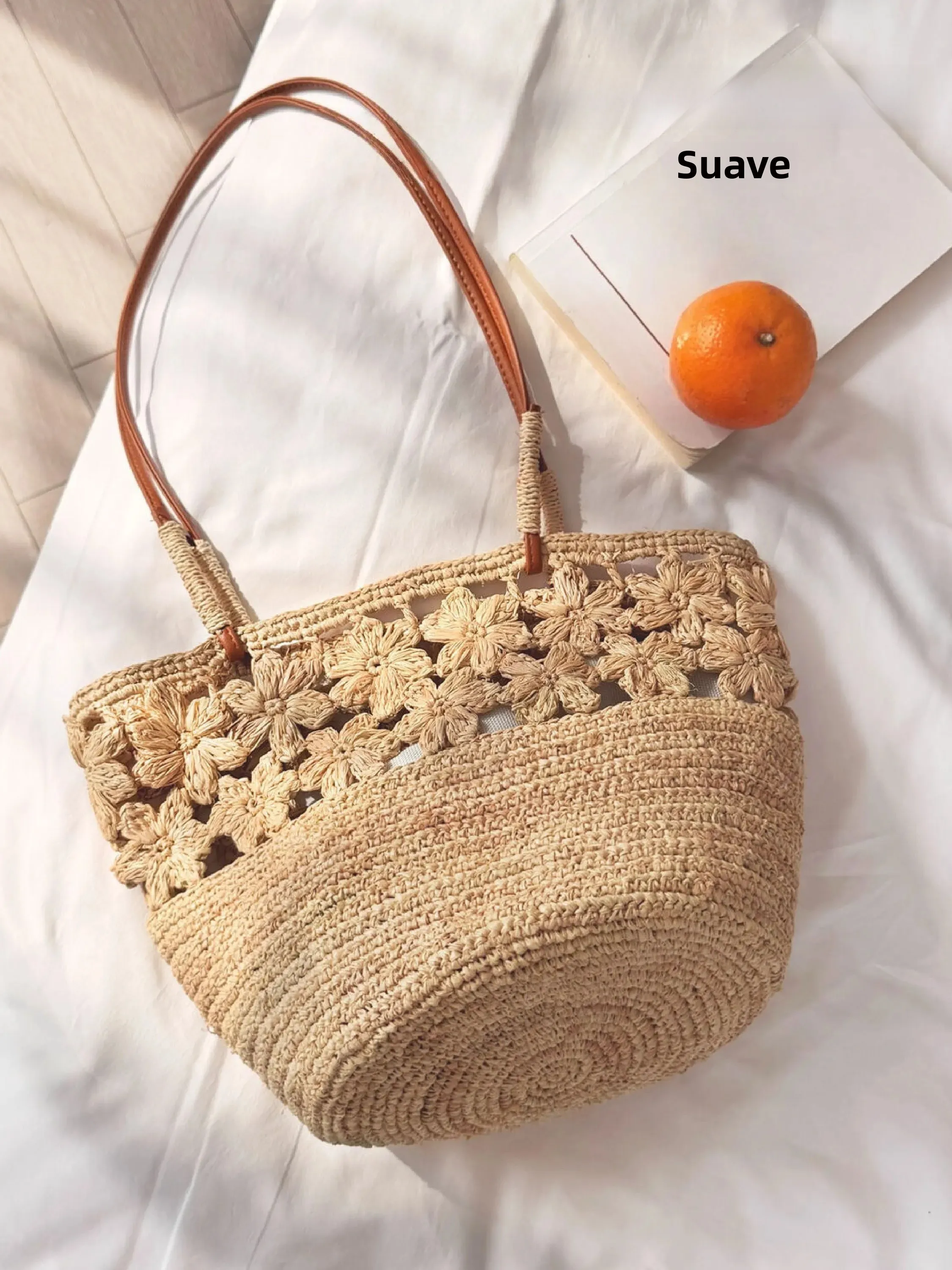 Bolsa de Ombro Feminina UZOE Laffey de Verão em Palha Trançada Vazada com Renda, Estilo Casual para Praia e Férias