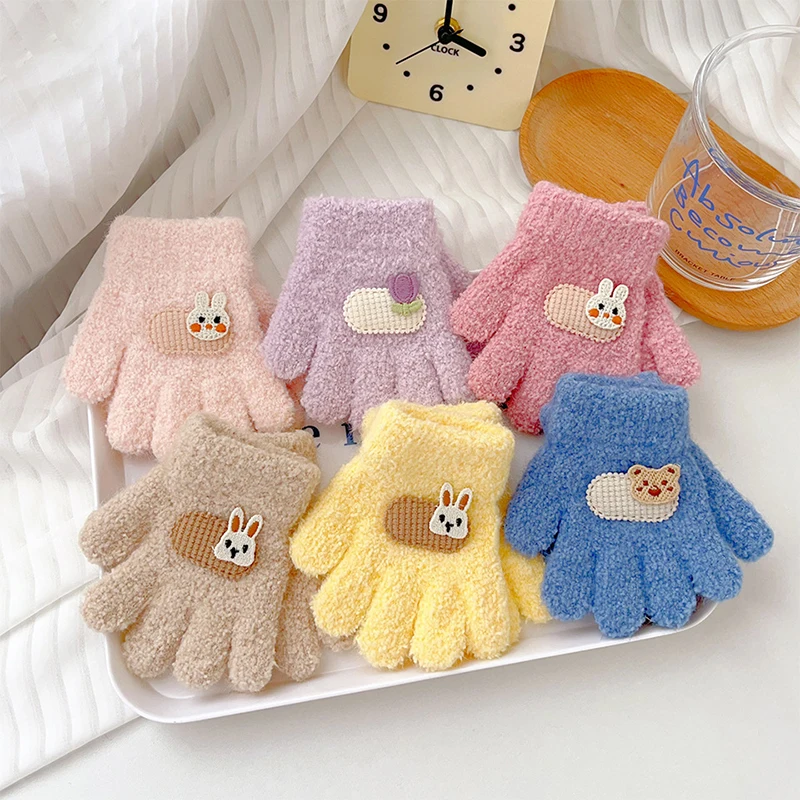 

1-3 Years Kids Cartoon Winter Gloves Thick Velvet Cute Boy Girl Warm Five Finger Mittens Outdoor Windproof Toddler Baby Gloves