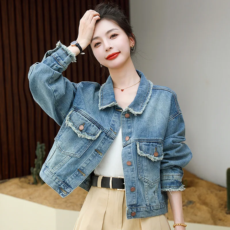 

Raw Edge Vintage Women Denim Jackets 2023 New Spring Short Loose Female Jean Coat Korean Style Casual Jacket Outerwear