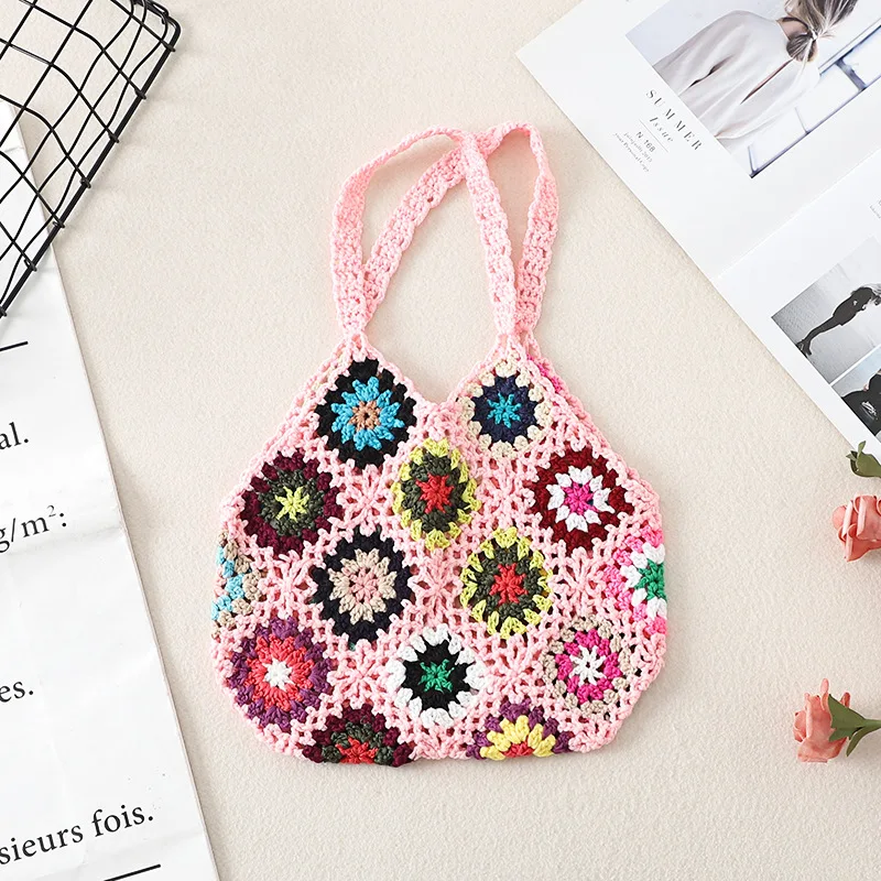 Torba damska torba z kwiatowym wzorem szydełkowa duża pojemność dzianinowa torba modna ręcznie wycinana torba Boho Vintage Multicolor Hollow out