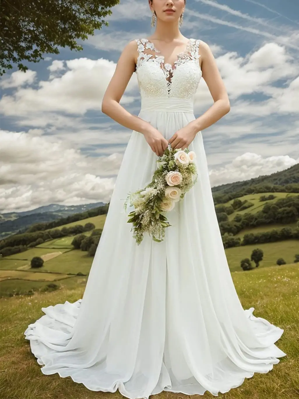 ชุดแต่งงานทรงเอไลน์หรูหรา แขนกุด คอวี ประดับลูกไม้ ชายกระโปรงยาวลากพื้น ชุดเจ้าสาวสำหรับงานพิธีการ ปี 2025 ปรับแต่งได้ฟรี