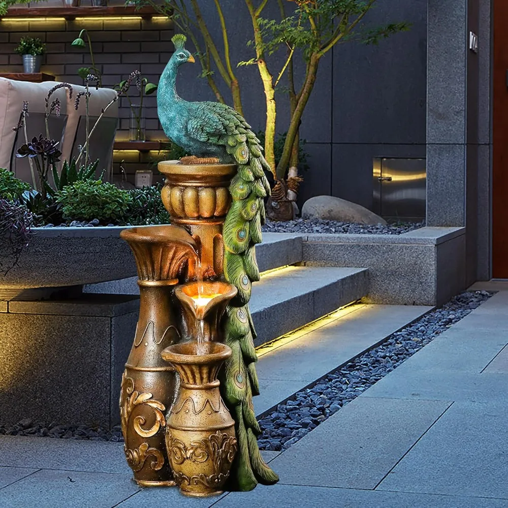 

Resin Pedestal Garden Water Fountain with LED Light for Backyard, Outdoor Water Fountains