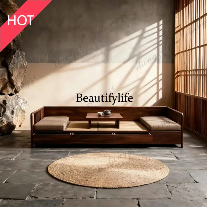 M07 New Chinese black walnut push-pull storage Arhat bed solid wood bed tea room with drawer bed