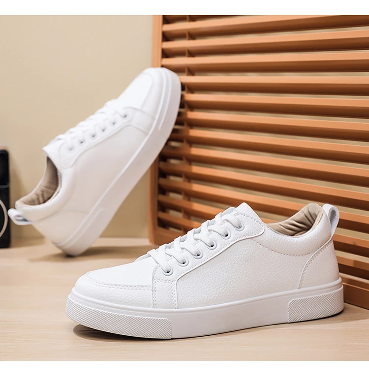 Schlichte weiße Low-Top-Sneaker aus Kunstleder für Herren, Schnürschuhe, minimalistische Skate-Schuhe, Herren-Sneaker aus Kunstleder, rutschfeste Schuhe – Detail 14