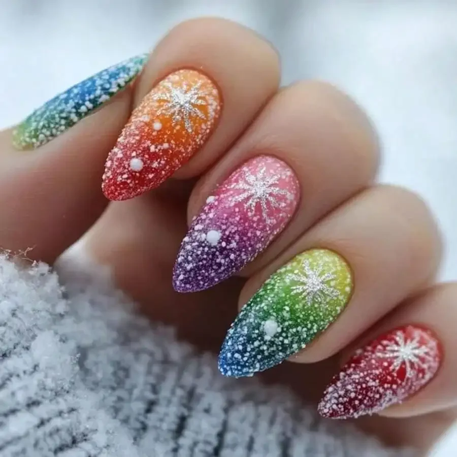 

24Pcs Christmas Rainbow Glitter Gradient Press On Nails, 3D Snowflake Reusable, Jelly Glue & Nail File Included