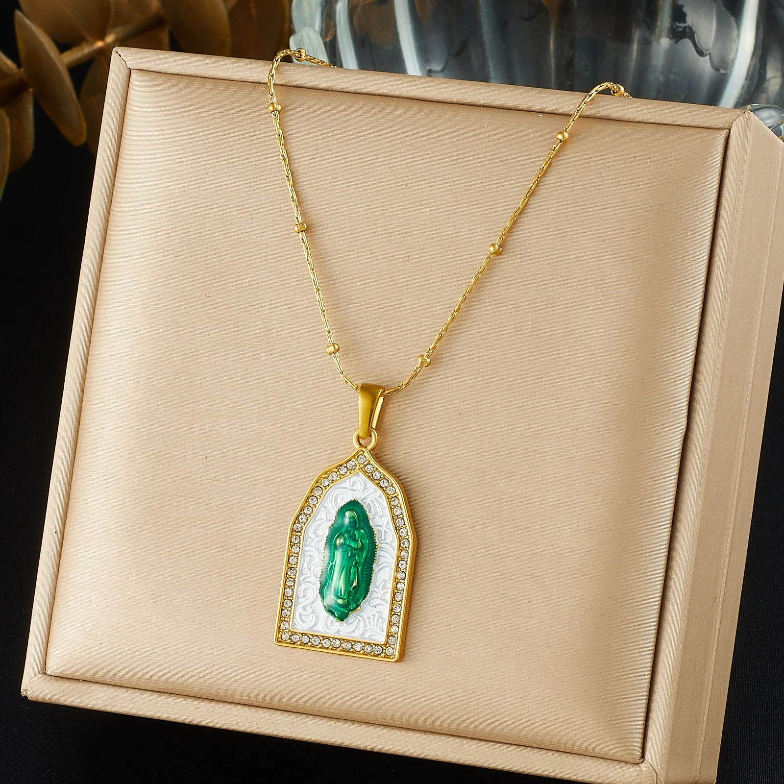 Edelstahl Goldene Geometrie Anhänger Halskette Damen Vintage Katholische Jungfrau Maria Charm Halskette Schmuck Geschenk