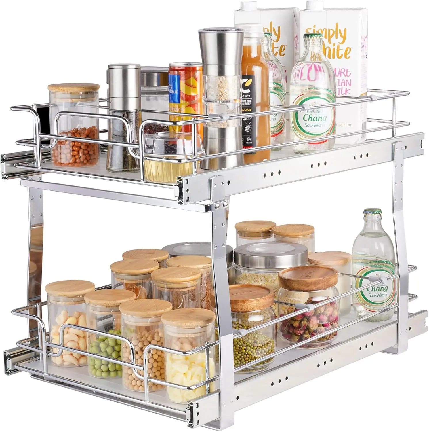 

Pull Out Cabinet Organizer, 14" Wx21.2 Dx15.2 H Heavy 2 Tier Duty Slide Out Pantry Shelves, Chrome-Plated Steel Roll Out Draw
