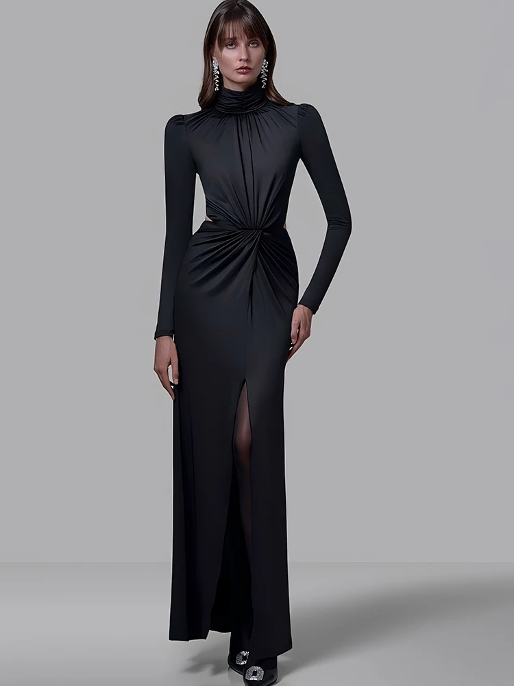 JULISSA MO col roulé Sexy dos évider froncé femmes robe Maxi automne fermeture éclair manches longues maigre élégant robe de soirée