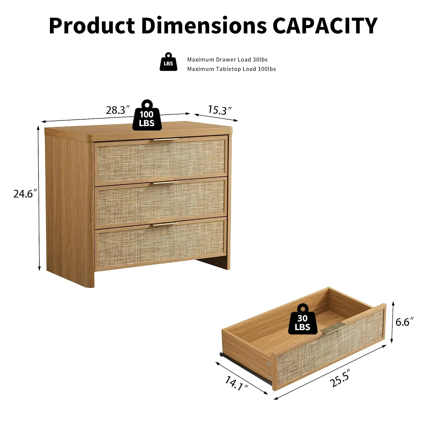 Rattan 3 Large Drawer Nightstands Set of 2, 28.4