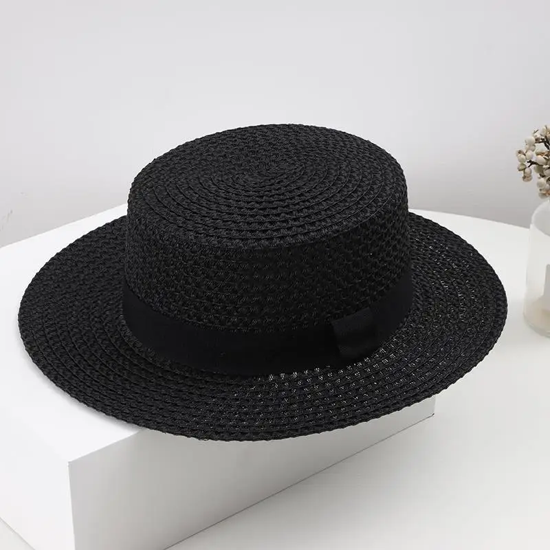 Topi Hitam dan Putih Topi Jerami Tenun Berongga Sejuk Retro Inggris Musim Panas Wanita Topi Liburan Perjalanan Tabir Surya Kerai Tepi Laut