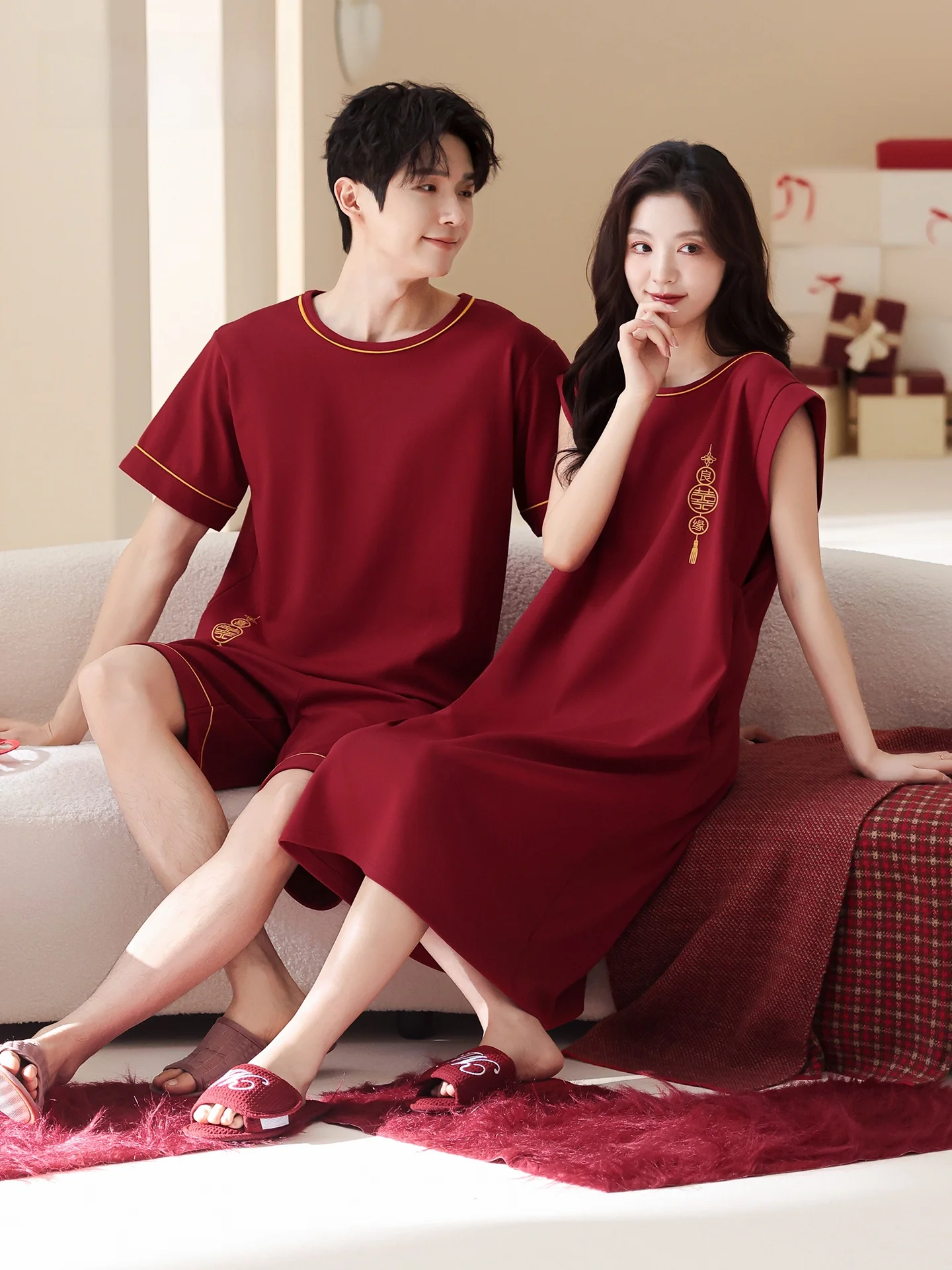 cotton-pajamas-couple-home-clothes-new-marriage-short-sleeve-sleep-dress-gift-box-summer-2026-soft-round-neck-straight-leg