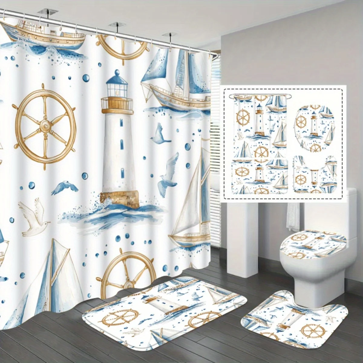 4pc Nautical Themed Bathroom Set - Four Pieces: Shower Curtain, Rug, Toilet Seat, U-Shaped Mattress