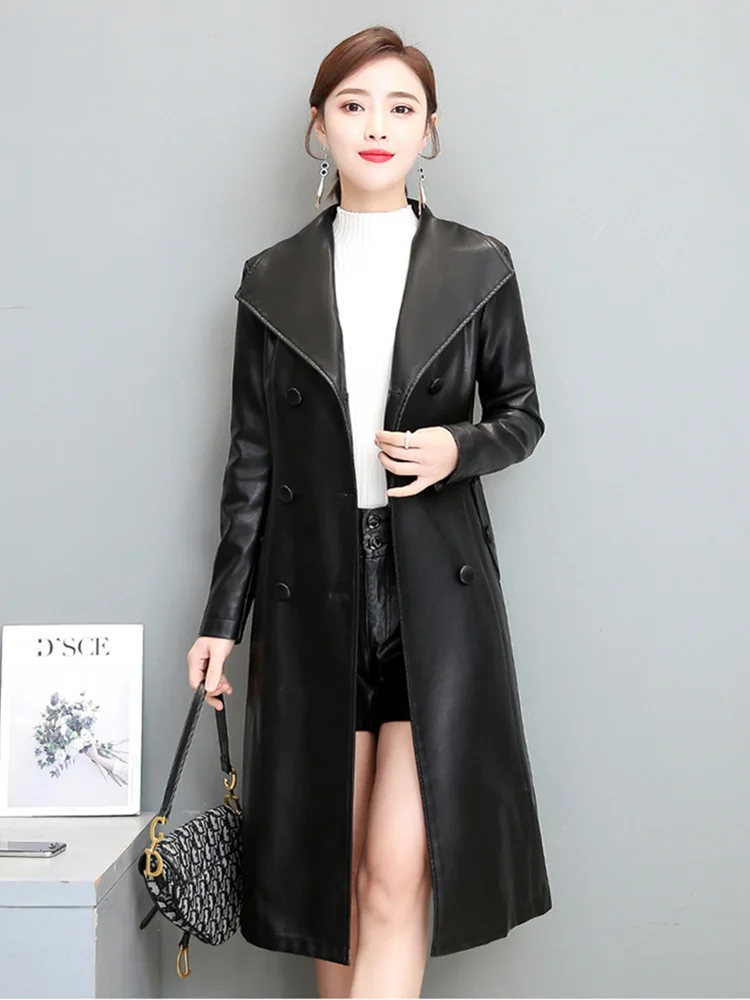 New Women Sheepskin Leather Coat Spring Autumn 2024 Chic Turn-down Collar Double Breasted Slim Waist Split Leather Overcoat