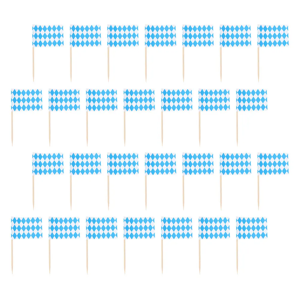 

100pcs Blue White Plaid Toothpick Flag Decorative Dessert Toppers Paper Charcuterie Picks Cake Fruits BBQ Skewers Wooden Food