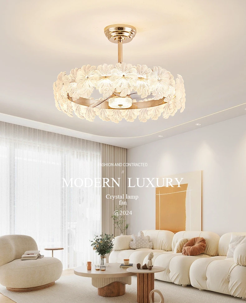 

New French luxury crystal fan LED light luxury living room ceiling fan light dining room master bedroom light hall villa hotel