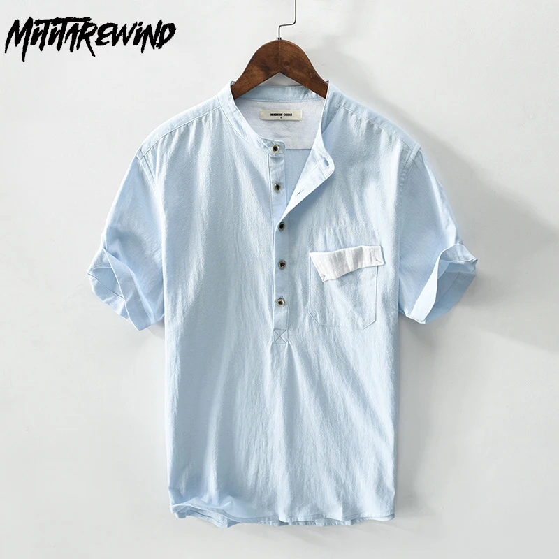 

Fashion Summer Mens Shirts Casual Breathable Beach Men Top Stand Collar Pullover Short Sleeve Cotton Linen Shirt Simple Clothes