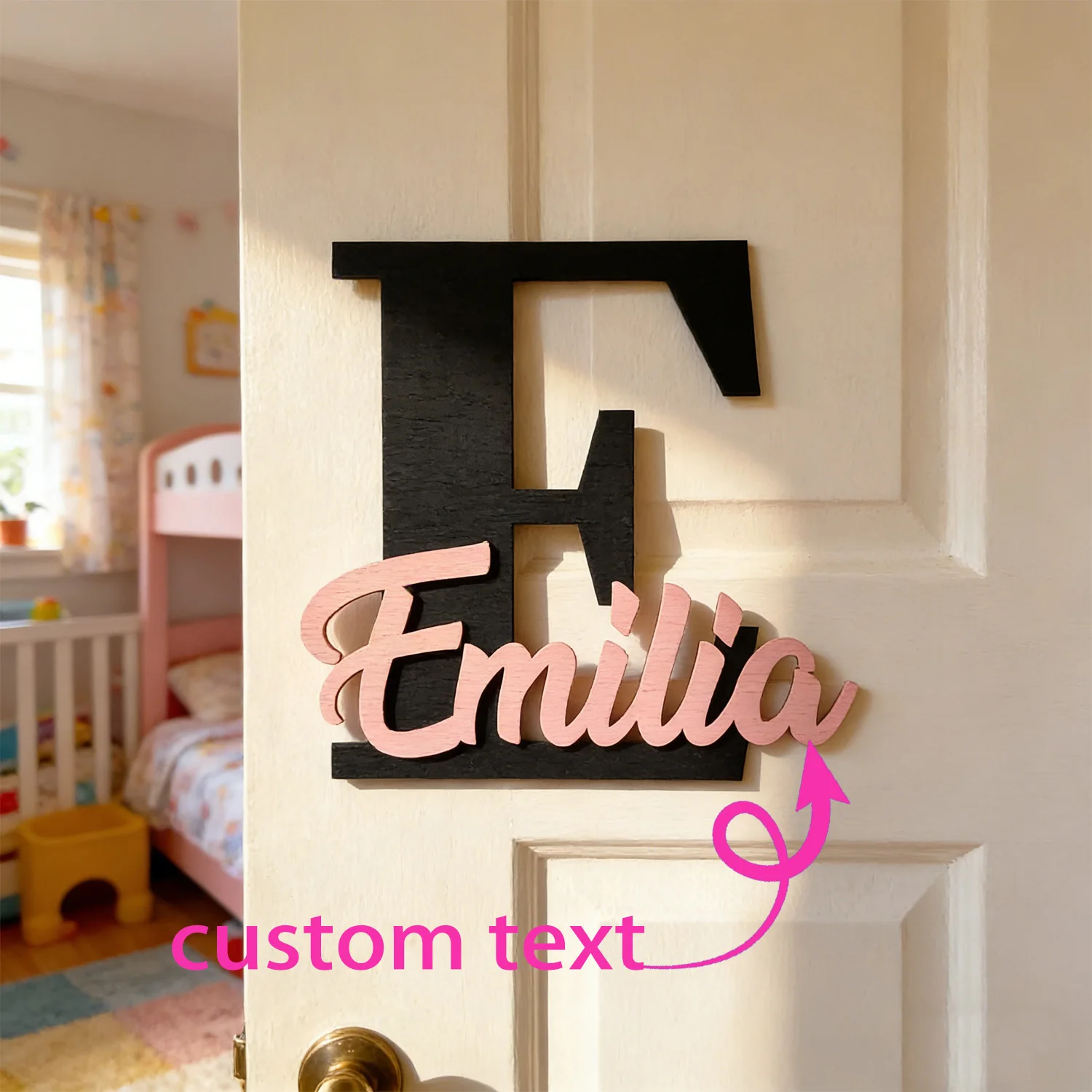1pc Custom Monogram Initial Wooden Name Sign Personalized Cursive Letter Wall Bedroom Door Home Decor Gift