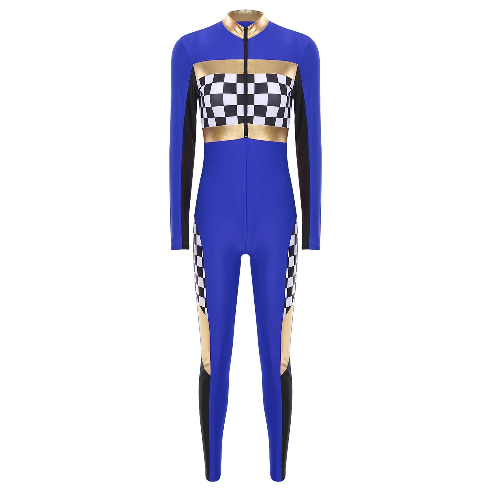 Women Halloween Carnival Racer Driver Cosplay Jumpsuit Long Sleeve Checkerboard Racing Bodysuit Clubwear Cheerleading Uniform