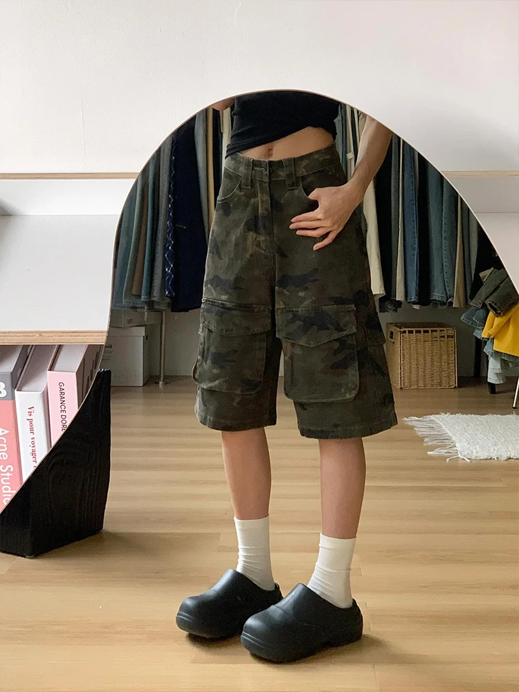 Amerikaanse Sle Camouflage Werkkleding Jeans Dames Zomer Losse Rechte Pijpen Wijde Pijpen Vijfkwart Broek orts Multi-ket