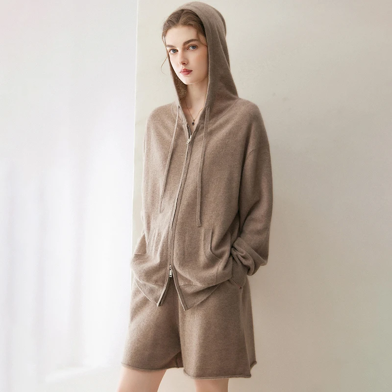 CHICUU 100% Cashmere  Sweater Sets Women High Quality Cashmere Clothes Autumn Winter Cashmere Cardigan Hoodie Short Pants