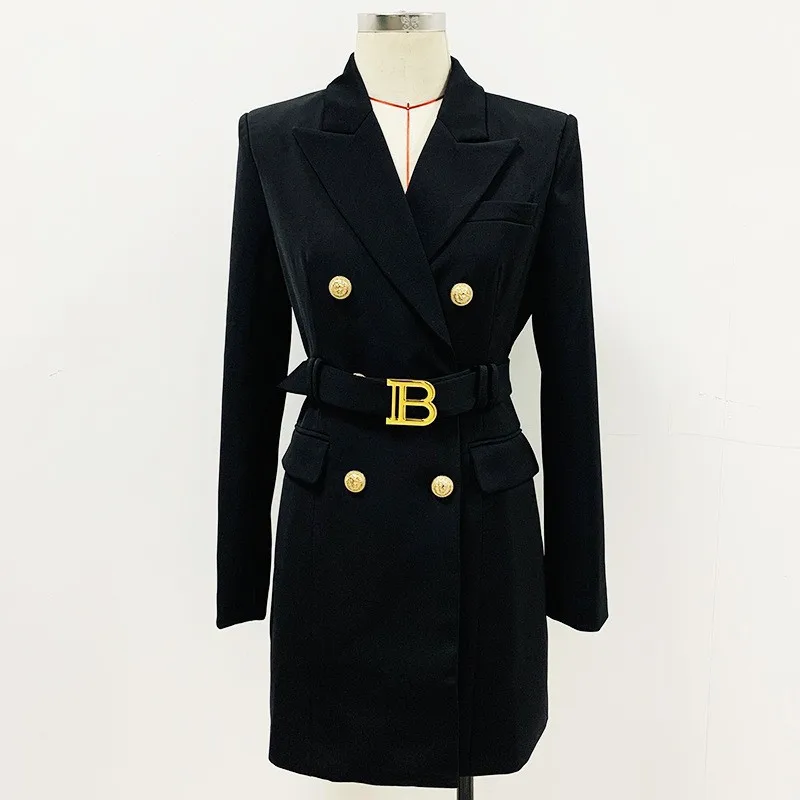 Black Women's Suit Dress Temperament Business Autumn/Winter Double Breasted Metal Letter Buckle Belt Slim Fit Suit Dress