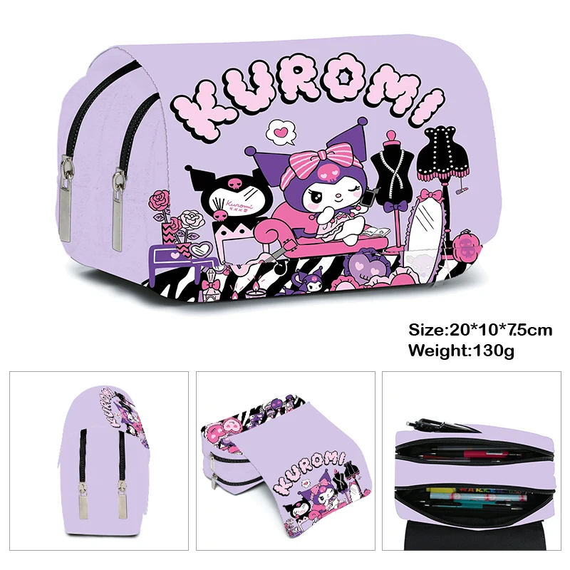 Bolsa de lápices de doble capa con estampado Kuromi, bolsa de lápices de dibujos animados para estudiantes de primaria y secundaria, regalos para niños