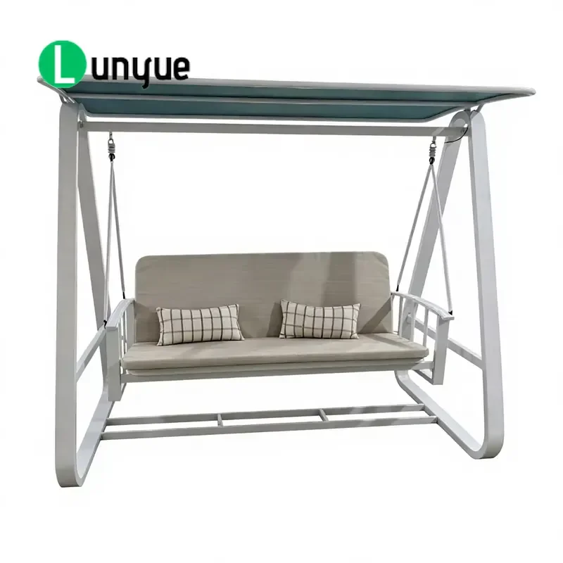 Modern Aluminum Outdoor Garden Swing Chair 2 Seats Rattan Bench with Canopy Weatherproof Cushion for Backyard Patio