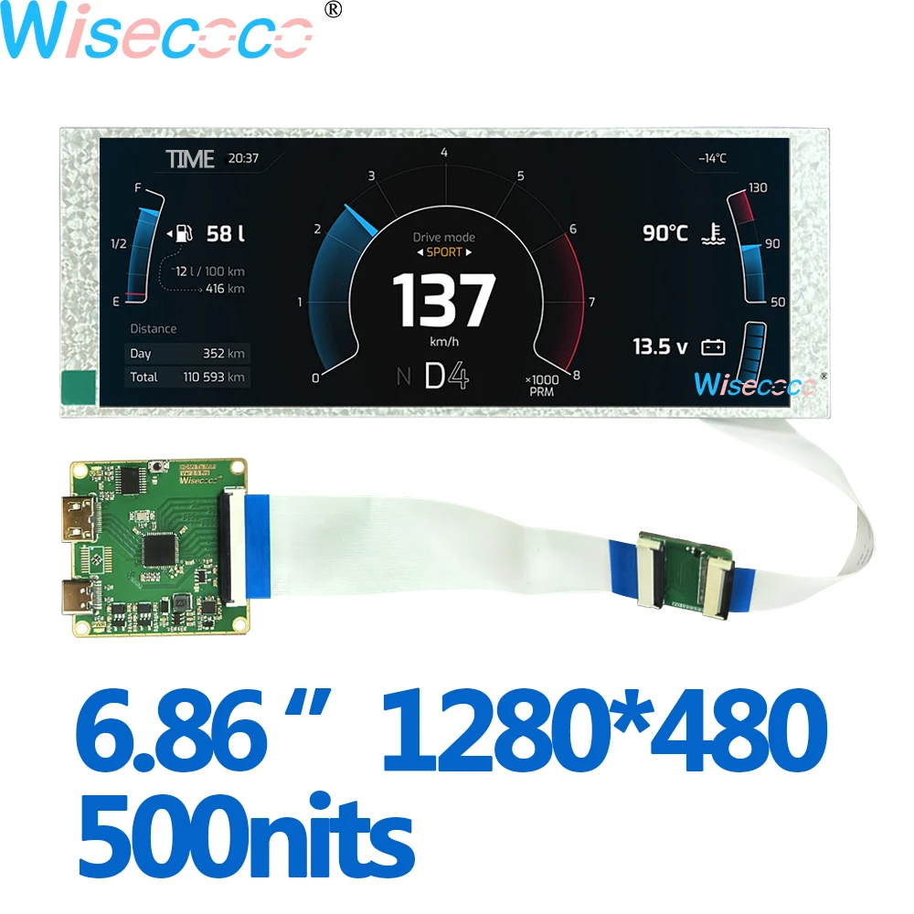 

6.86" IPS LCD Display Wisecoco 1280*480 Screen Stretched Bar Panel Strip 500cd Brightness with 40PIN MIPI Driver Board Devterm