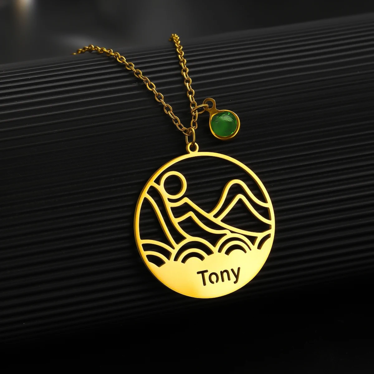 QIAMNI Stainless Steel Mountain Peak Sea Pendant Necklace Gift Custom Name Boho Outdoor Seaside Sun Birthstone Nameplate Choker